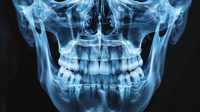 Realistic digital X ray of a human skull focusing on teeth
