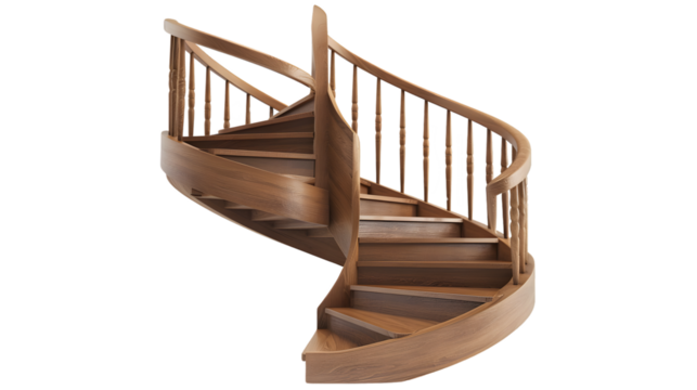 Modern spiral staircase in a stylish building with elegant wooden railing