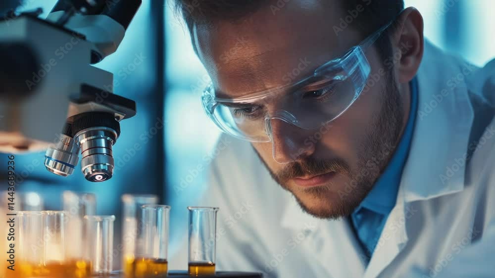 Poster Close-up of scientist studying tiny organisms under microscope