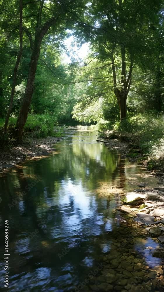 Aufkleber calm stream flowing through a lush green forest with sunlight filtering through the trees reflecting