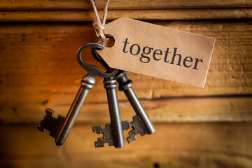Three antique keys with a tag reading "together" hang against a wood background, symbolizing unity, partnership, or shared journey