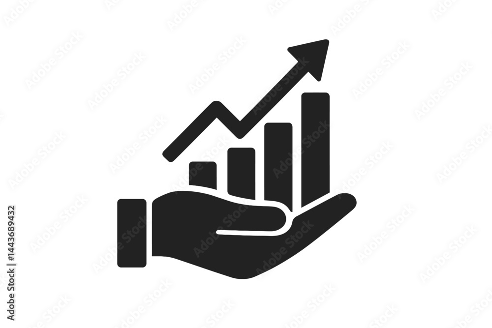 Poster the hand holds a vector growing graph icon that comes in a two-tone version on contrasting black and