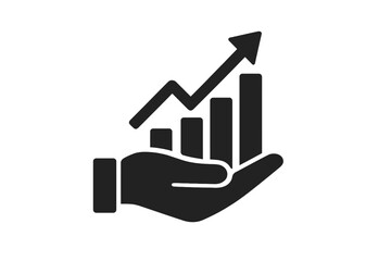 The hand holds a vector growing graph icon that comes in a two-tone version on contrasting black and white backgrounds
