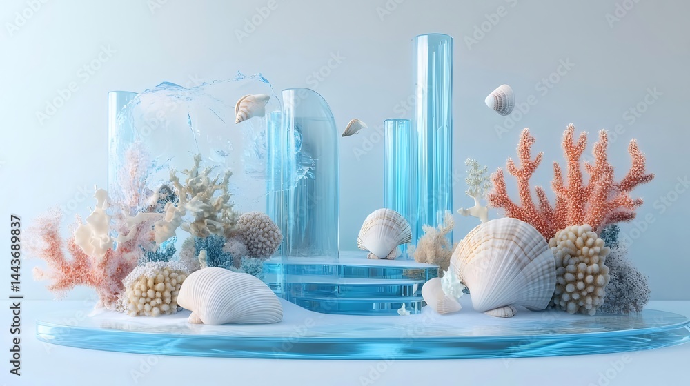 Aufkleber 透明な青色のガラス構造とサンゴ礁の装飾 水しぶきと貝殻が飾られた海のテーマの構図
