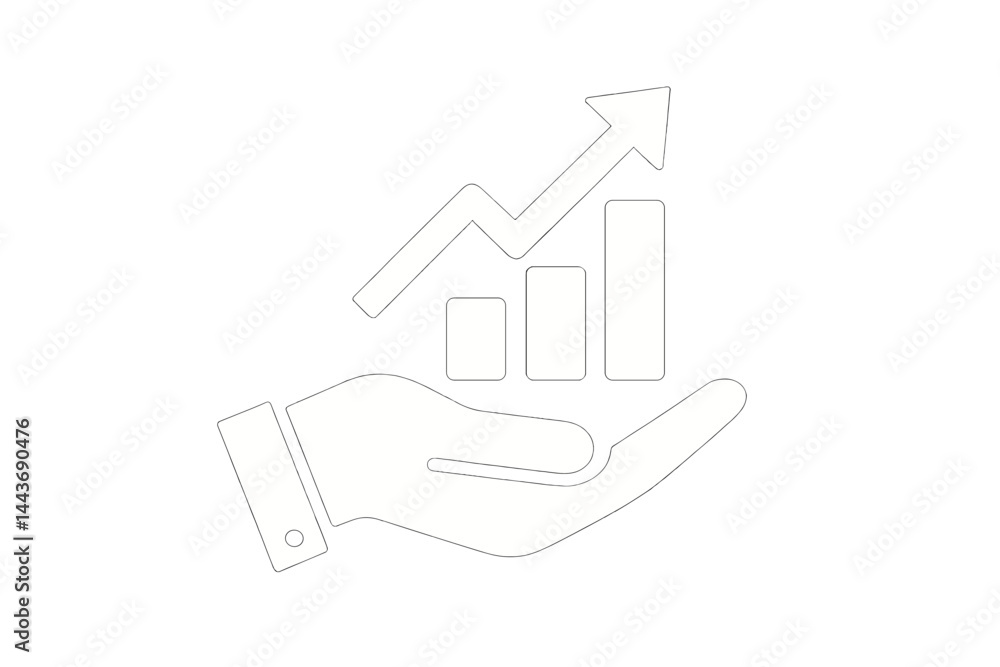 Poster a vector icon of a growing graph is held on the hand, available in a two-tone version set against bl