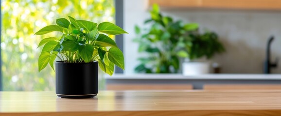 Indoor plant in pot on wood table natural decor background