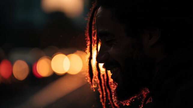 Portrait of a smiling man with dreadlocks and beard on a blurred city street