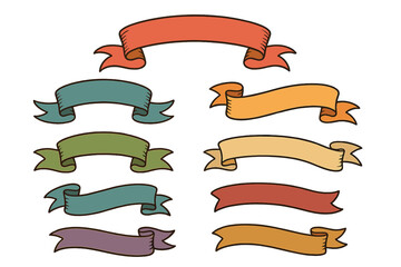 Vector template featuring a flat ribbon banner with a vintage and colorful design, including curly ribbon labels and curved scroll flags, suitable for creating sticker banners with space for special