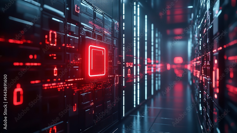 Poster abstract red neon server room digital technology background data dark code scifi lines power space