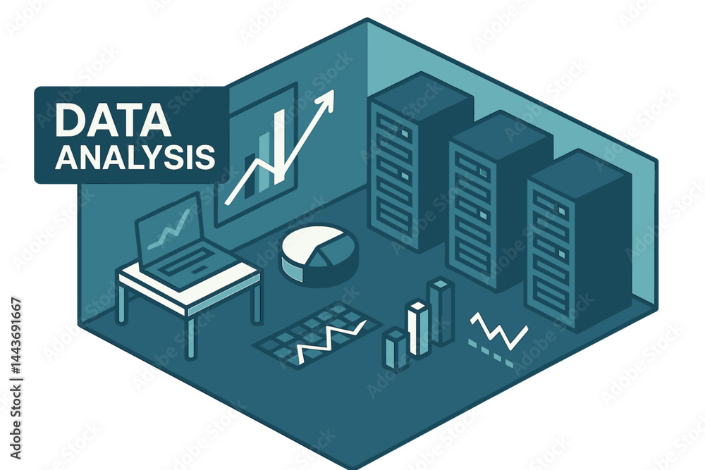 Poster isometric vector illustration of data analysis, featuring an abstract 3d datacenter or data center r