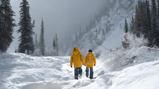 Two children in yellow jackets walking through a snowy forest landscape during winter, surrounded by trees and mountains under a cloudy sky.