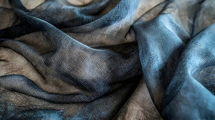 Fototapeta premium Draped dark blue sheer fabric on a wooden surface, abstract texture background for design