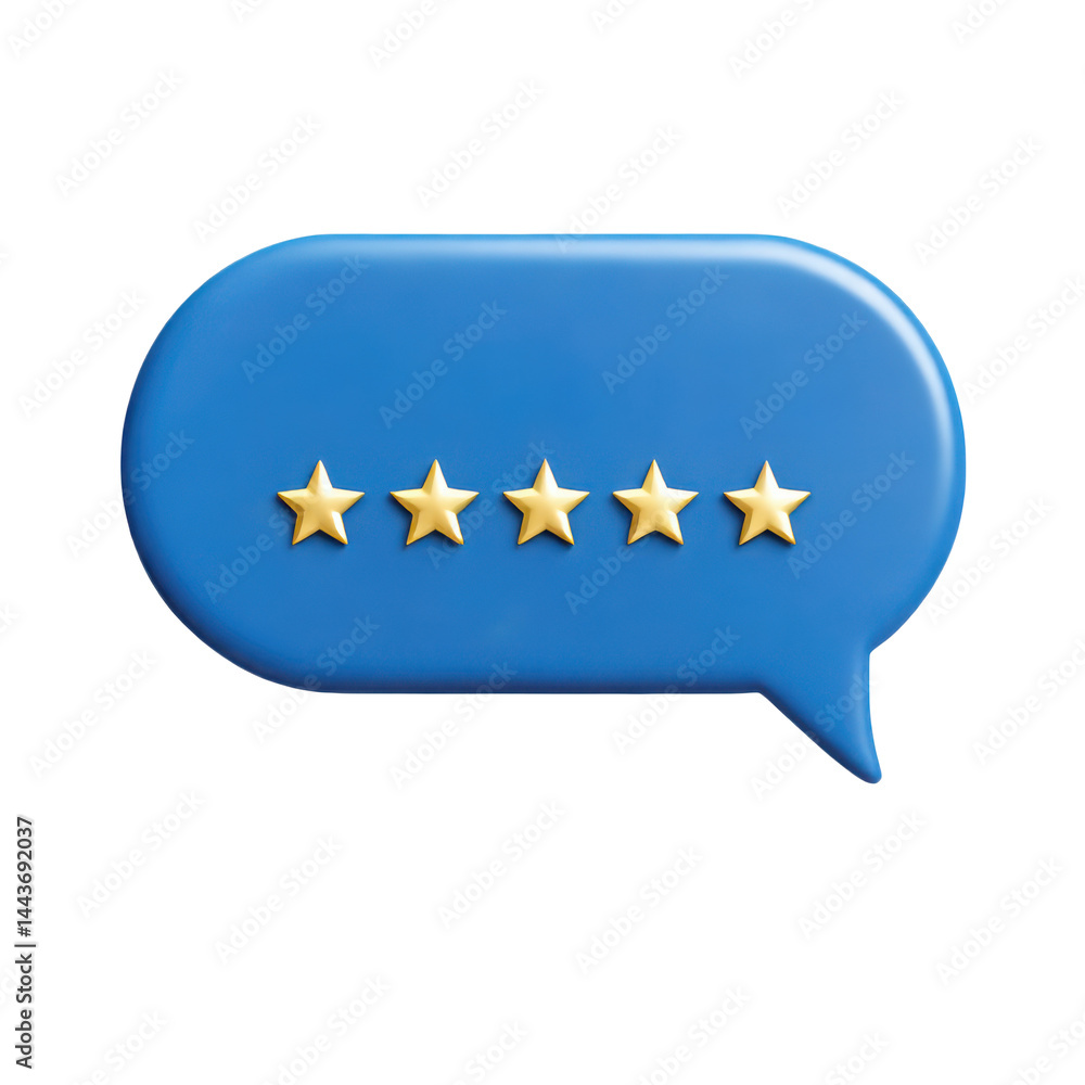 Poster five star rating speech bubble 3d isolated on transparent background