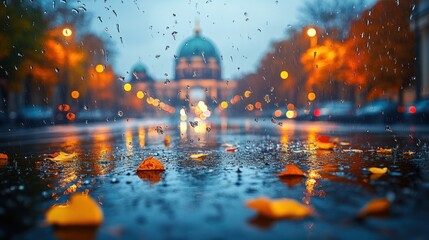 Obraz premium City street with wet pavement reflects lights and building on a rainy day.