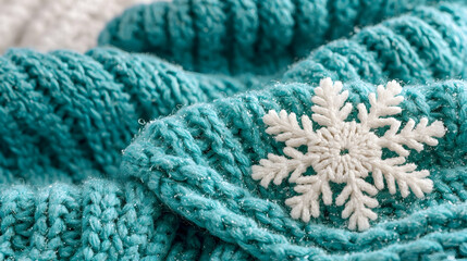 Teal knitted winter sweater texture with snowflake detail; cozy winter background for seasonal design