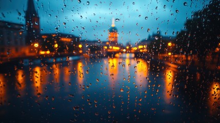 Obraz premium Rainy city view with buildings reflected in water at night.