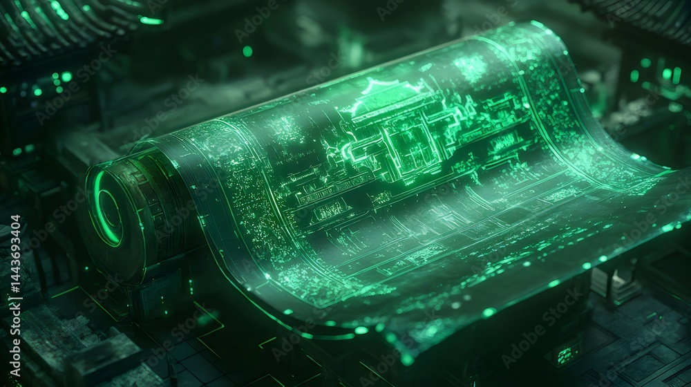 Poster green lit futuristic city architecture with digital overlay and abstract illumination