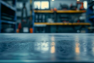 Obraz premium A metal blank tabletop with blurred automotive tools and parts in the background suitable for promoting automotive products