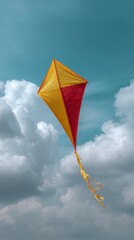Diamond Kite Soaring: A Serene, Yellow-Red Flight