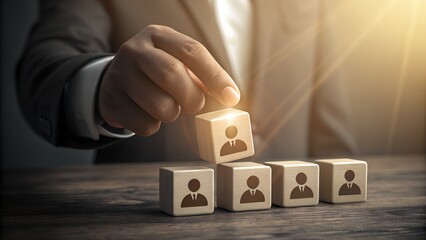 Building a Team: A business leader carefully places a wooden block symbolizing a person atop a growing pyramid of similar blocks, highlighting the importance of recruiting, developing.