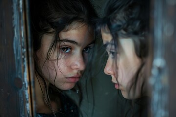 A teenager struggling with body image and self-esteem issues, gazing into mirror while battling an eating disorder