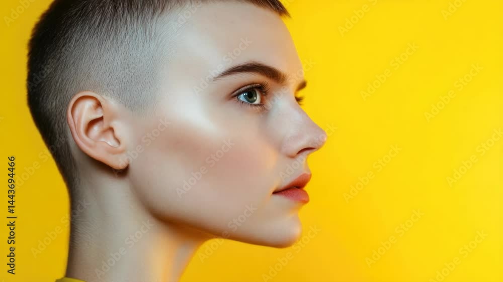 Poster close-up portrait of a person with a shaved head, focus on facial features