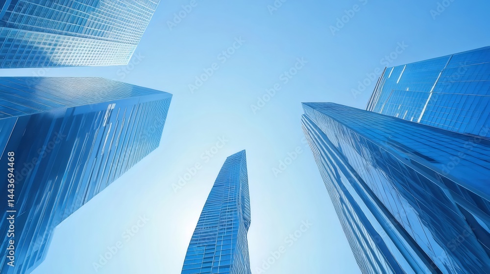 Poster 青い空の下 見上げる高層ビルのダイナミックな風景 都会的な建築デザインと未来的な建物のデザイン