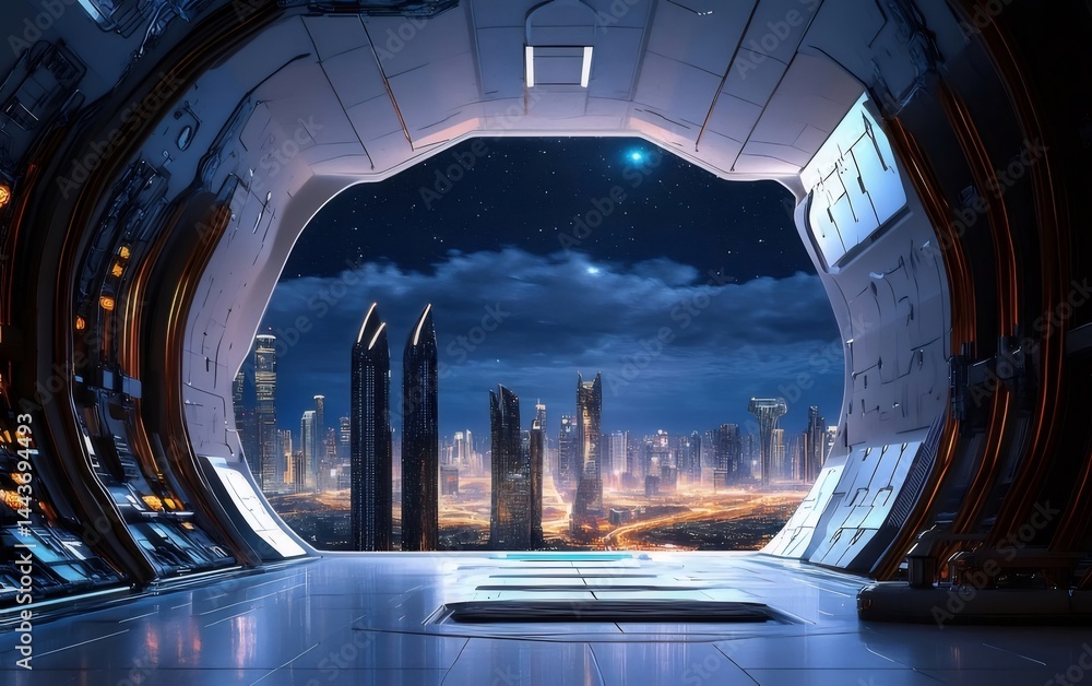Aufkleber 未来都市の宇宙船内窓からの夜景 青い照明が特徴的な風景 輝く街並み