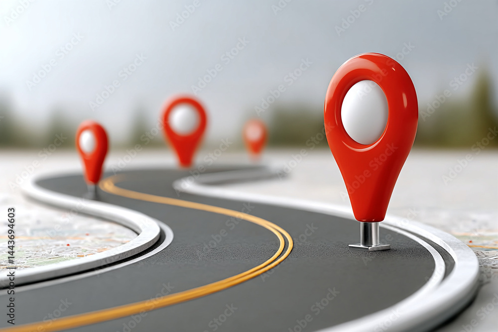 Poster map markers on the road show navigation route with location pins and destination points on gray asph