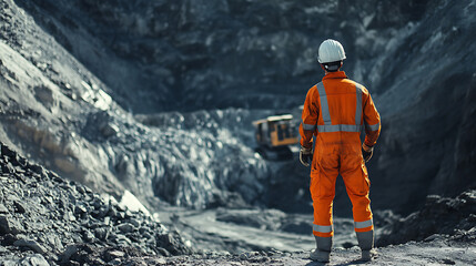 Miner in Hard Hat Overlooking Quarry
