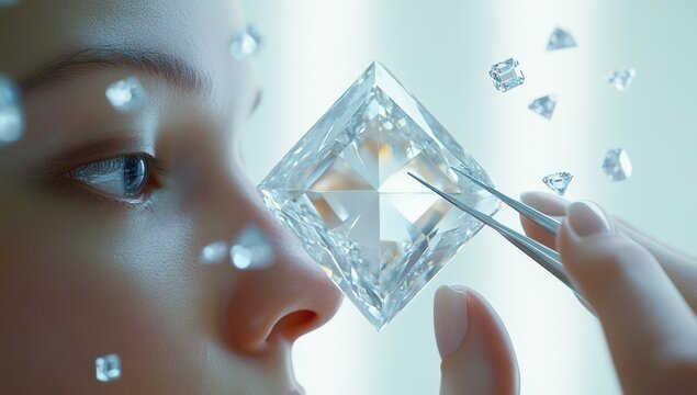 Woman examining diamond, lab setting, fragments floating, jewelry design
