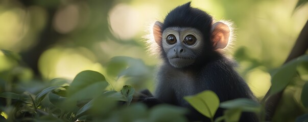 Obraz premium Adorable baby monkey nestled amongst lush green leaves