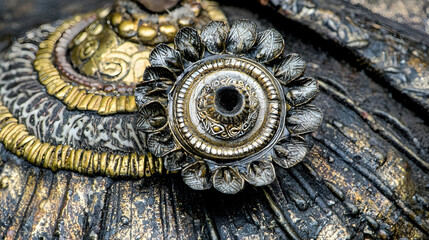 Close-up ornate golden flower detail on antique metal armor, cultural heritage, museum display