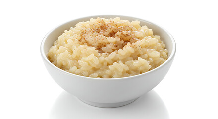 High resolution image of Brazilian sweet rice (arroz doce), with cinnamon on top, typical Festa Junina dessert, white background