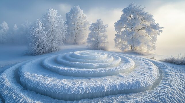 Symmetrical aerial view of frozen pond focusing concentric circles formed ice soft lighting of early morning or late afternoon creates a gentle contrast accentuating the geometry of the ice patterns