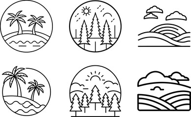 Vector illustration of a vintage beach icon set, a collection of hand-drawn design elements representing the sun and nature in a black silhouette sketch