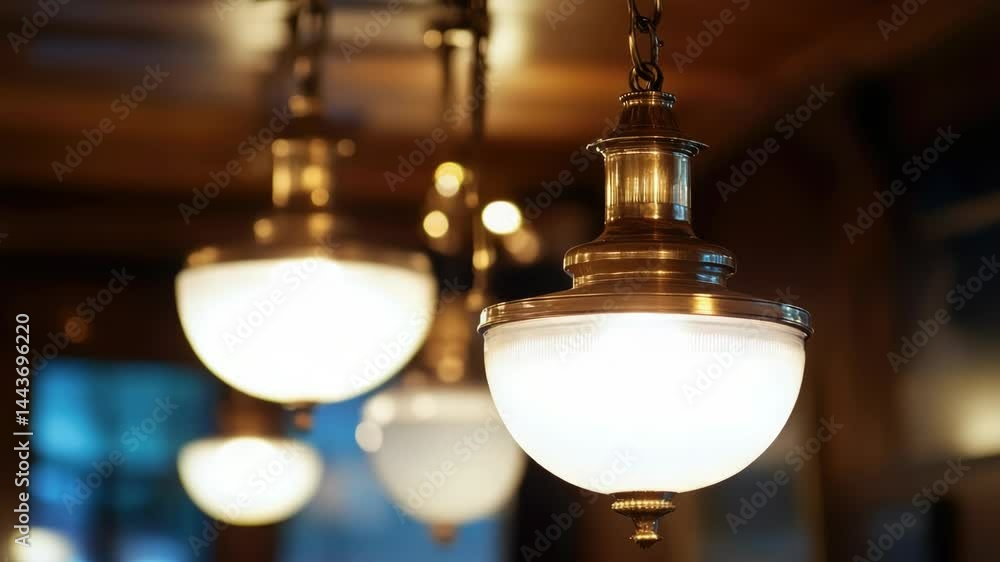 Poster A close-up view of a ceiling with multiple lights hanging down, suitable for use in interior design or event planning projects