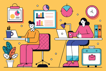 Fototapeta premium Two young professionals are working at their desk from home in a colorful setting