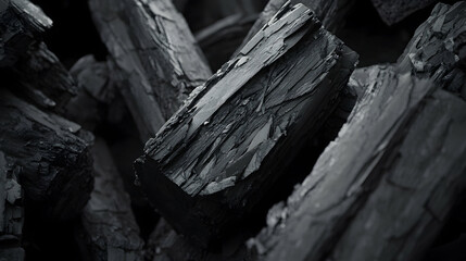 Close-up of charcoal pieces, textured surface, dark background, fuel source, ideal for industrial design