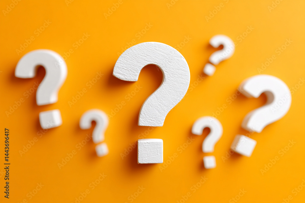 Poster question marks on orange background showing conceptual idea of questions and answers with question m