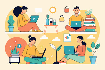 Four young adults are casually sitting and working on laptops with plants around them