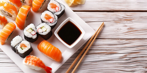 Clean sushi platter composition on a light wooden table with soy sauce dish and chopsticks, minimalist layout for menus and blogs