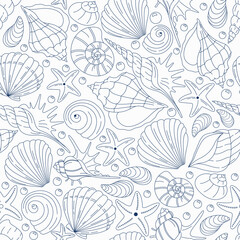 Seamless pattern with blue outlined seashells and starfish on a light background. Delicate marine design ideal for summer invitations, packaging, textiles, and ocean-themed projects.

