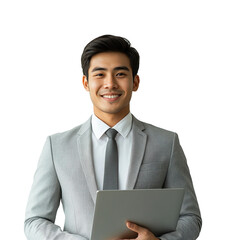 Professional businessman smiling with laptop in office isolated on transparent background