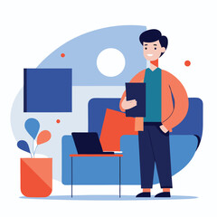 Smiling ethnic man holding folder stands near the couch and laptop inside the room