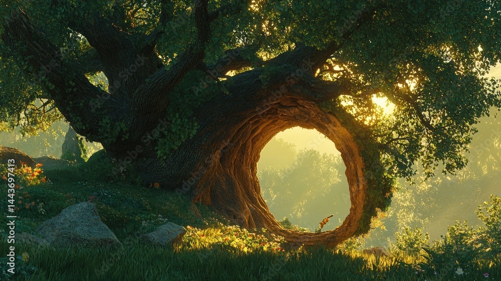 Poster sunlight filters through ancient tree hollow
