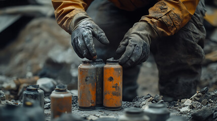 Person Handling Burnt Cans in Ashy Ruins