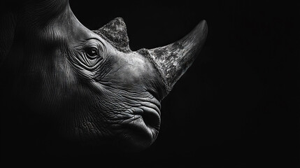 Fototapeta premium A monochrome image of a rhinoceros' face with an enormous, creased horn