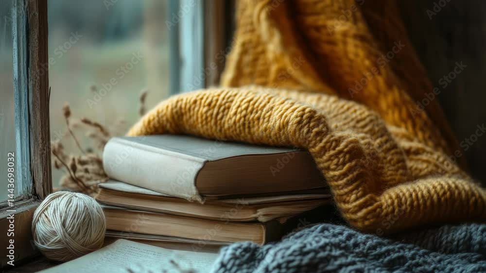 Poster a stack of books resting on a window ledge, perfect for a cozy reading nook or office decor