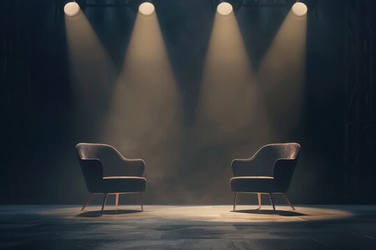 Elegant podcast studio with two chairs facing each other under spotlights, dark background with space for branding or media elements